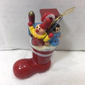Vintage Hand Painted Wood Ornament Stocking with Toys Christmas 2x3
